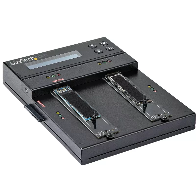 StarTech.com SM2DUPE11 – nepriklausomas M.2 SATA ir M.2 NVMe kopijavimo ir trynimo įrenginys, HDD/SSD klonavimo/valymo įrenginys M.2 PCIe AHCI/NVMe, M.2 SATA, 2,5/3,5 colio SATA diskams, išorinis kietojo disko trynimo/kopijavimo įrenginys, TAA