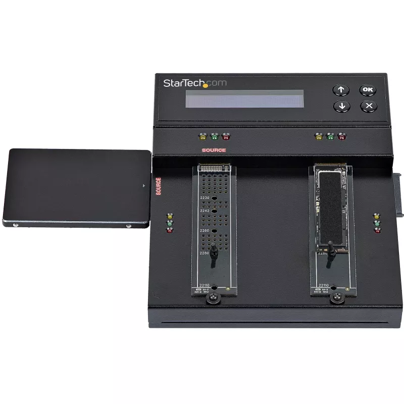 StarTech.com SM2DUPE11 – nepriklausomas M.2 SATA ir M.2 NVMe kopijavimo ir trynimo įrenginys, HDD/SSD klonavimo/valymo įrenginys M.2 PCIe AHCI/NVMe, M.2 SATA, 2,5/3,5 colio SATA diskams, išorinis kietojo disko trynimo/kopijavimo įrenginys, TAA