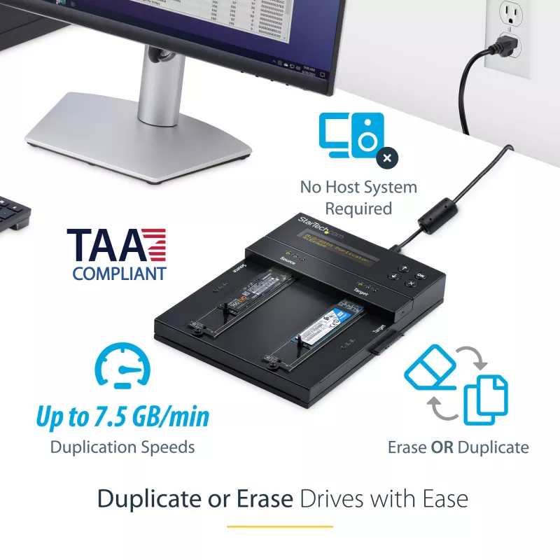 StarTech.com SM2DUPE11 – nepriklausomas M.2 SATA ir M.2 NVMe kopijavimo ir trynimo įrenginys, HDD/SSD klonavimo/valymo įrenginys M.2 PCIe AHCI/NVMe, M.2 SATA, 2,5/3,5 colio SATA diskams, išorinis kietojo disko trynimo/kopijavimo įrenginys, TAA
