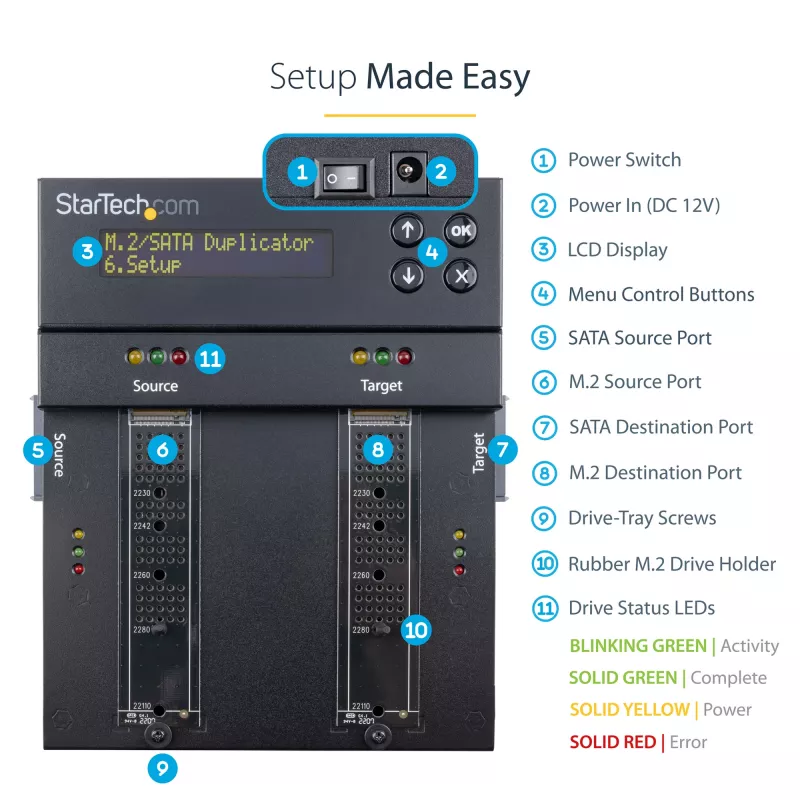 StarTech.com SM2DUPE11 – nepriklausomas M.2 SATA ir M.2 NVMe kopijavimo ir trynimo įrenginys, HDD/SSD klonavimo/valymo įrenginys M.2 PCIe AHCI/NVMe, M.2 SATA, 2,5/3,5 colio SATA diskams, išorinis kietojo disko trynimo/kopijavimo įrenginys, TAA