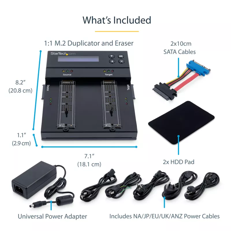 StarTech.com SM2DUPE11 – nepriklausomas M.2 SATA ir M.2 NVMe kopijavimo ir trynimo įrenginys, HDD/SSD klonavimo/valymo įrenginys M.2 PCIe AHCI/NVMe, M.2 SATA, 2,5/3,5 colio SATA diskams, išorinis kietojo disko trynimo/kopijavimo įrenginys, TAA