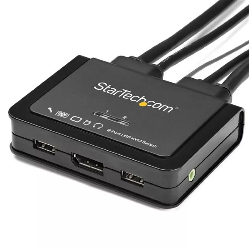 StarTech.com SV211DPUA4K 2 prievadų DisplayPort KVM jungiklis - 4K 60Hz - kompaktiškas dviejų prievadų UHD DP 1.2 USB darbalaukio KVM jungiklis su 1,2 m kabeliais ir garsu, maitinamas iš USB, nuotolinis perjungimas - MacBook ThinkPad