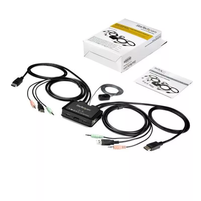 StarTech.com SV211DPUA4K 2 prievadų DisplayPort KVM jungiklis - 4K 60Hz - kompaktiškas dviejų prievadų UHD DP 1.2 USB darbalaukio KVM jungiklis su 1,2 m kabeliais ir garsu, maitinamas iš USB, nuotolinis perjungimas - MacBook ThinkPad