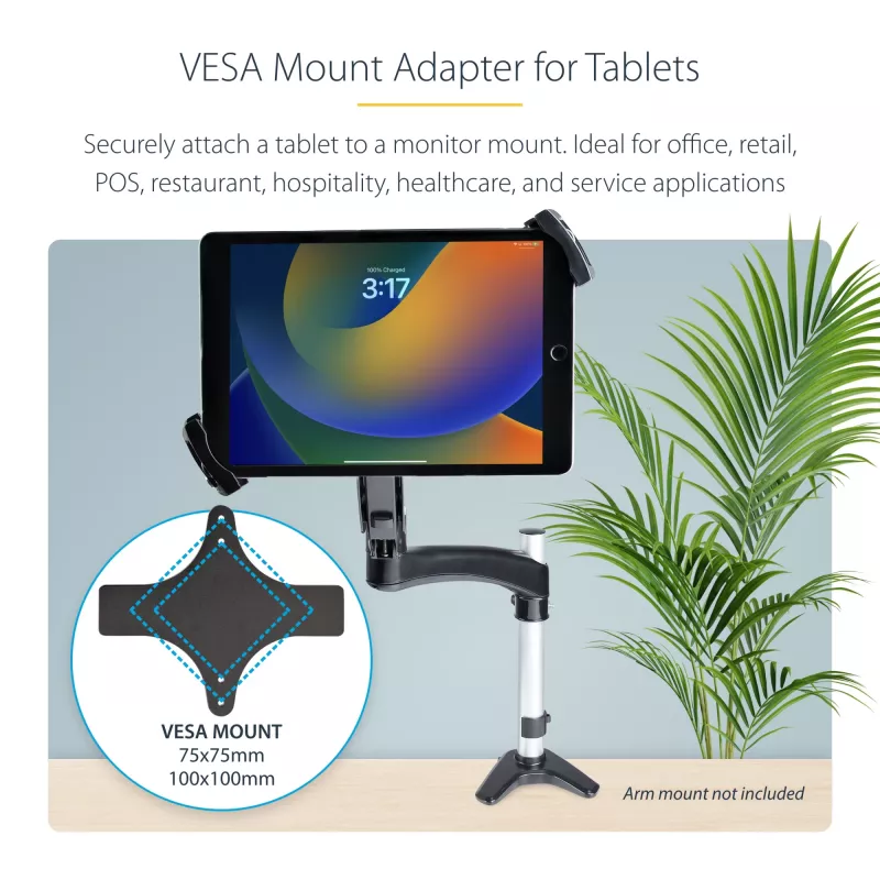 StarTech.com VESA laikiklio adapteris planšetėms 7,9–12,5 col. – iki 2 kg – 75×75/100×100 VESA – universalus apsauginis planšetės VESA laikiklis – juoda