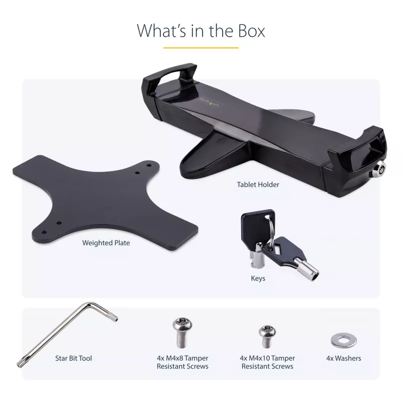 StarTech.com VESA laikiklio adapteris planšetėms 7,9–12,5 col. – iki 2 kg – 75×75/100×100 VESA – universalus apsauginis planšetės VESA laikiklis – juoda