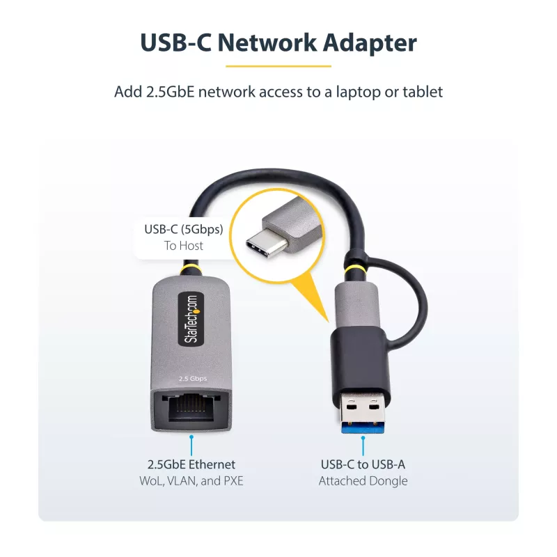 StarTech.com 2.5GbE USB-C į Ethernet adapteris su USB-A keitikliu, NBASE-T NIC, USB 3.0 Type-C 2.5/1G kelių greičių tinklas, suderinamas su Thunderbolt, Windows ir Mac