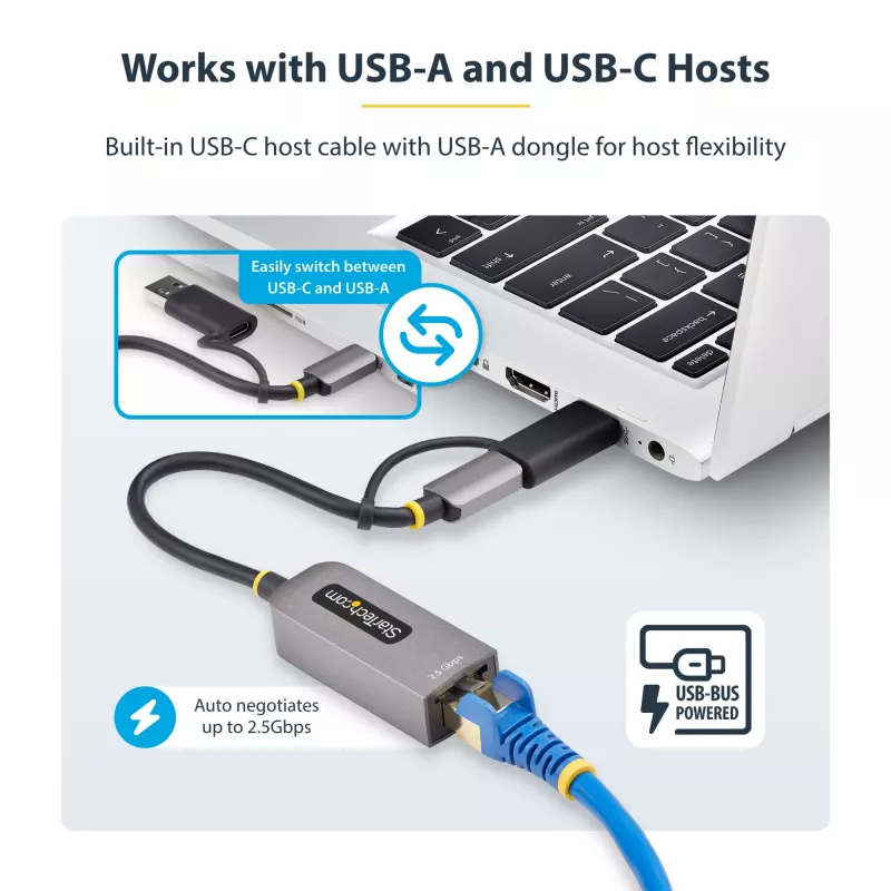 StarTech.com 2.5GbE USB-C į Ethernet adapteris su USB-A keitikliu, NBASE-T NIC, USB 3.0 Type-C 2.5/1G kelių greičių tinklas, suderinamas su Thunderbolt, Windows ir Mac