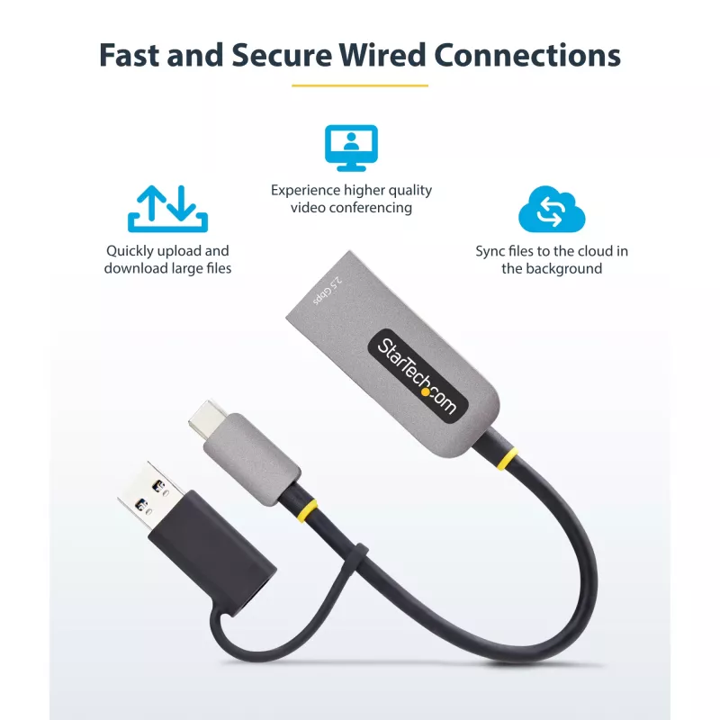 StarTech.com 2.5GbE USB-C į Ethernet adapteris su USB-A keitikliu, NBASE-T NIC, USB 3.0 Type-C 2.5/1G kelių greičių tinklas, suderinamas su Thunderbolt, Windows ir Mac