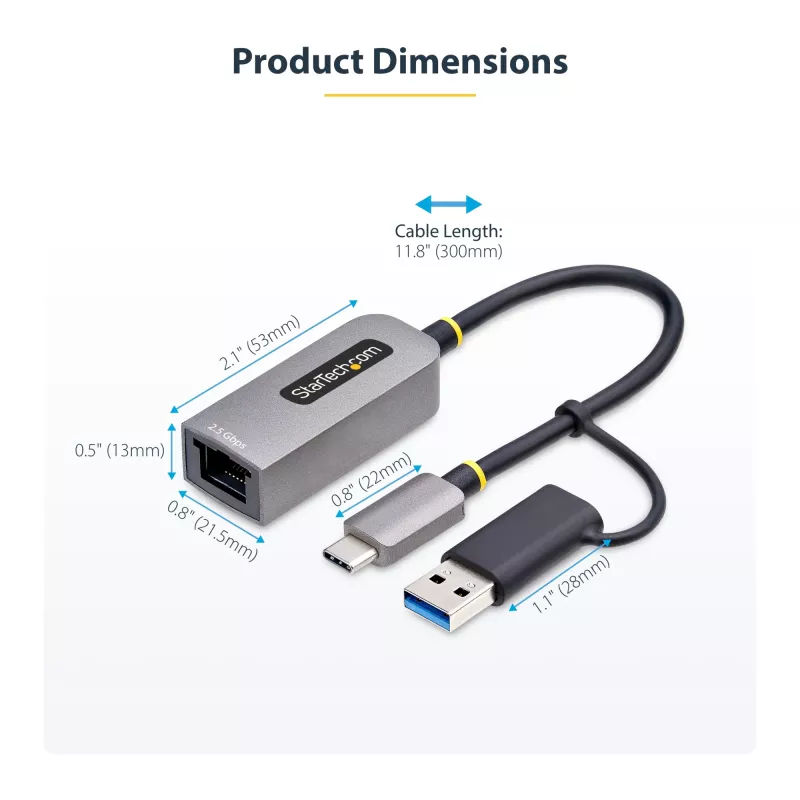StarTech.com 2.5GbE USB-C į Ethernet adapteris su USB-A keitikliu, NBASE-T NIC, USB 3.0 Type-C 2.5/1G kelių greičių tinklas, suderinamas su Thunderbolt, Windows ir Mac