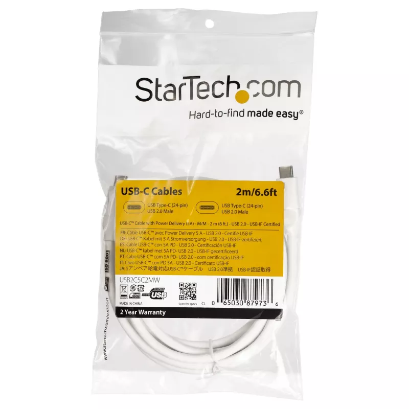 StarTech.com USB-C į USB-C laidas su 5A PD - M/M - Baltas - 2 m - USB 2.0 - USB-IF sertifikuotas
