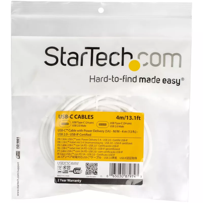 StarTech.com USB-C į USB-C laidas su 5A PD - M/M - Baltas - 4 m - USB 2.0 - USB-IF sertifikuotas