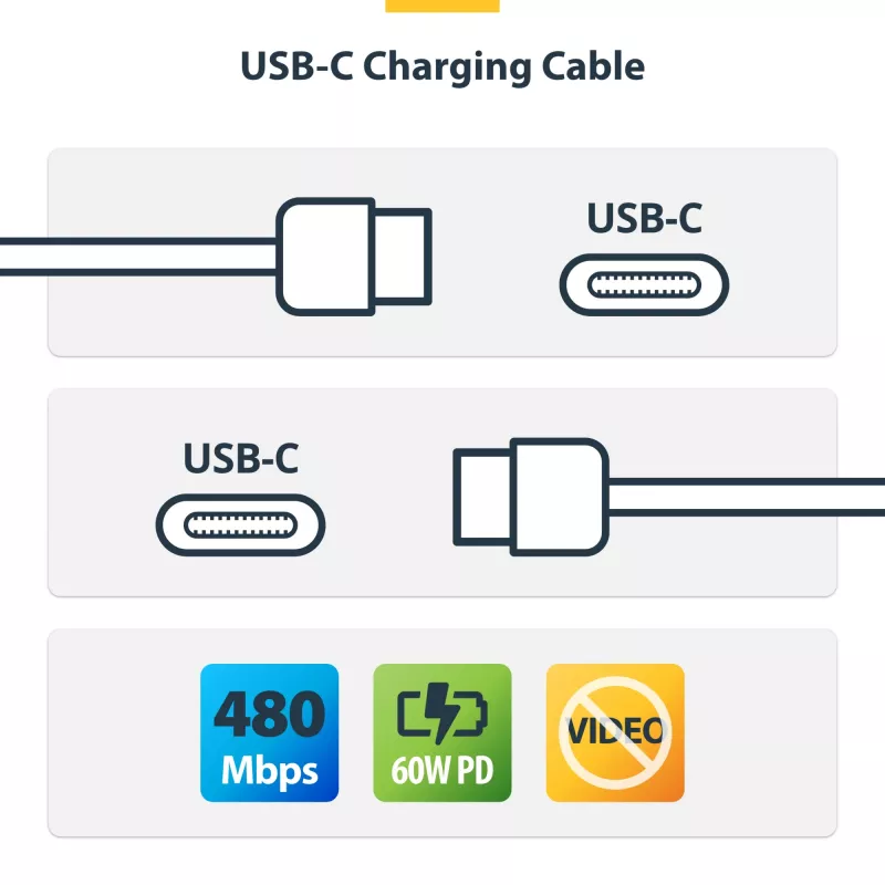 StarTech.com 1 m baltas USB-C įkrovimo laidas, USB 2.0, 60W 3A Power Delivery, TPE apvalkalas