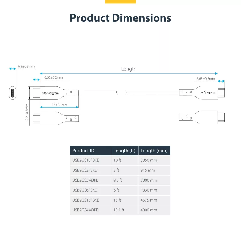 USB-C laidas 3m (9.8ft) StarTech.com USB 2.0, 60W 3A Power Delivery, TPE apvalkalas, juodas