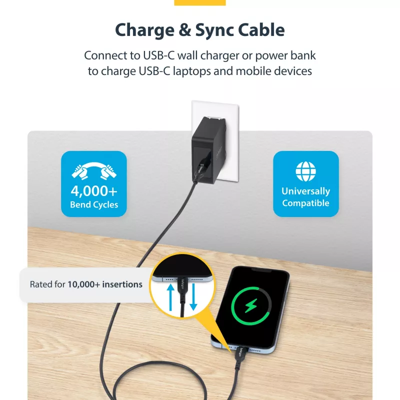 USB-C laidas 3m (9.8ft) StarTech.com USB 2.0, 60W 3A Power Delivery, TPE apvalkalas, juodas
