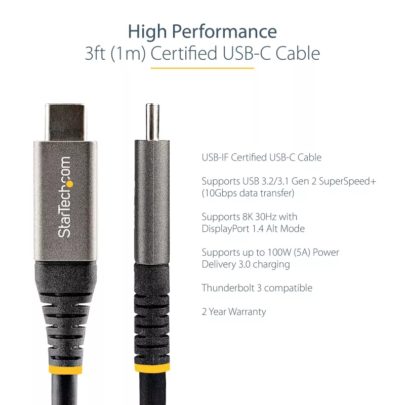 StarTech.com 1 m USB-C kabelis 10Gbps - USB-IF sertifikuotas USB-C kabelis - USB 3.1 Type-C kabelis - 100W (5A) Power Delivery įkrovimas, DP Alt režimas - USB C į C laidas - Įkrovimas ir sinchronizavimas