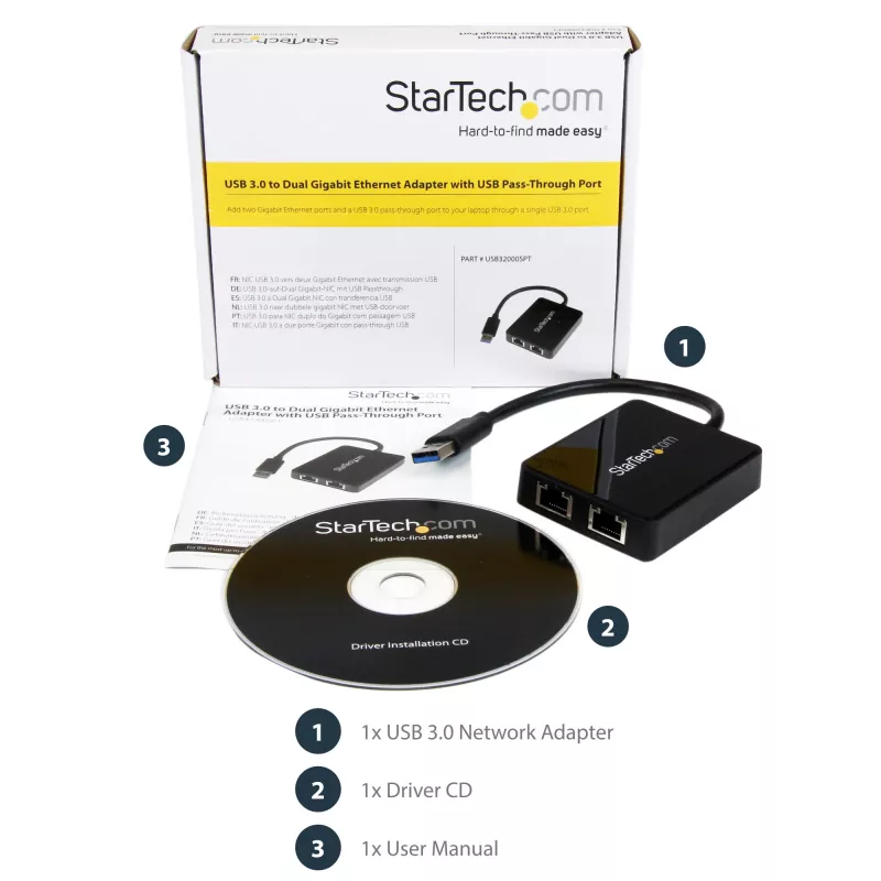 StarTech.com USB 3.0 dviejų prievadų Gigabit Ethernet adapteris su USB prievadu