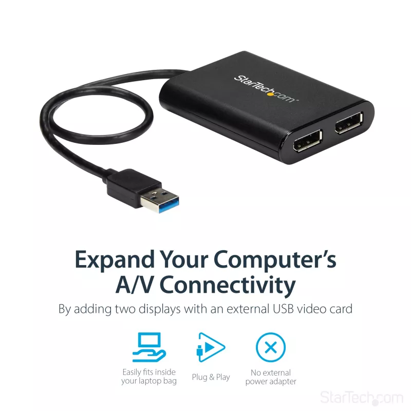 StarTech.com USB 3.0 į dvigubą DisplayPort adapteris - 4K 60Hz, 3.2 Gen 1 (3.1 Gen 1), USB Type-A, DisplayPort išvestis, 4096 x 2160 pikselių