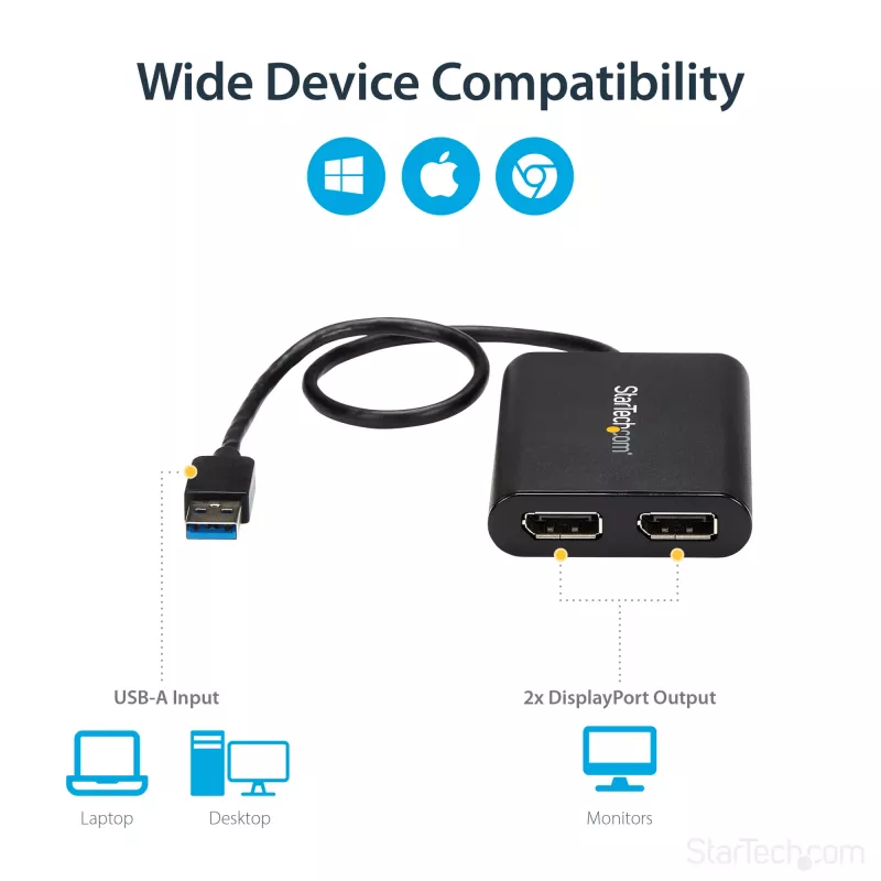 StarTech.com USB 3.0 į dvigubą DisplayPort adapteris - 4K 60Hz, 3.2 Gen 1 (3.1 Gen 1), USB Type-A, DisplayPort išvestis, 4096 x 2160 pikselių