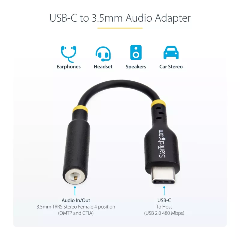 StarTech.com USBCAUDIO2 USB-C į 3,5 mm TRRS ausinių ir laisvų rankų įrangos garso keitiklis, 32 bitų DAC, suderinamas su Thunderbolt, 12,7 cm, juodas
