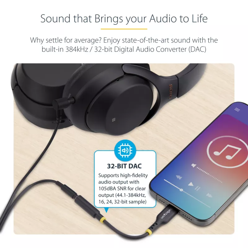 StarTech.com USBCAUDIO2 USB-C į 3,5 mm TRRS ausinių ir laisvų rankų įrangos garso keitiklis, 32 bitų DAC, suderinamas su Thunderbolt, 12,7 cm, juodas