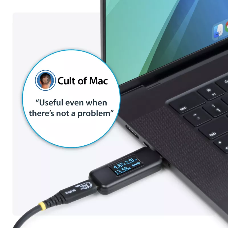 StarTech.com USB-C galios testeris, skaitmeninis multimetras, dvipusis įtampos ir srovės matuoklis, iki 240W PD EPR, nešiojamas USB-C kabelio ir prievado galios matuoklis