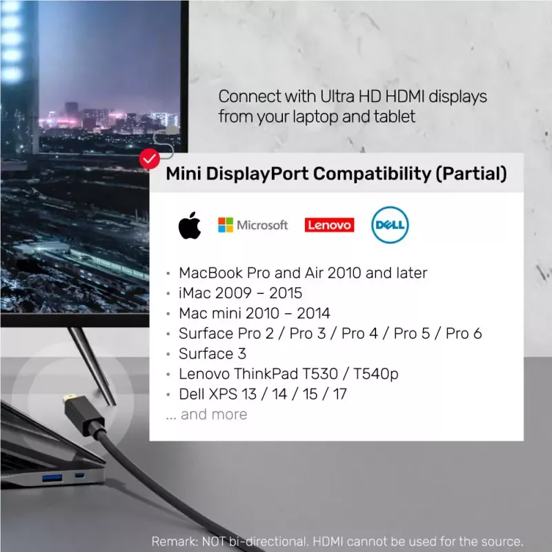 Vaizdo kabelio adapteris Unitek Mini DisplayPort į HDMI 2 m, HDMI 1.4, 4K@30Hz, HDCP 2.2, auksuoti kontaktai, juodas