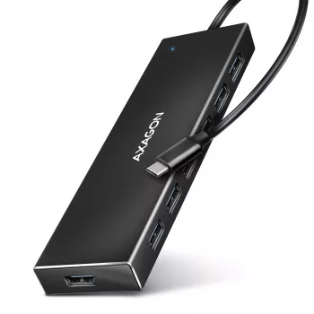 Axagon HUE-F7C 7x USB 3.2 Gen 1 ALU FLAT šakotuvas micro maitinimo IN 30cm USB-C USB 3.2 Gen 1 (3.1 Gen 1) Type-A 5000 Mbit/s Juodas