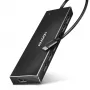 Axagon HUE-F7C 7 prievadų USB 3.2 Gen 1 aliuminio plokščias šakotuvas su įkrovimu, 7x USB-A, 30 cm USB-C kabelis, išorinio maitinimo jungtis, juodos spalvos