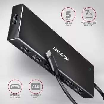 Axagon HUE-F7C 7x USB 3.2 Gen 1 ALU FLAT šakotuvas micro maitinimo IN 30cm USB-C USB 3.2 Gen 1 (3.1 Gen 1) Type-A 5000 Mbit/s Juodas