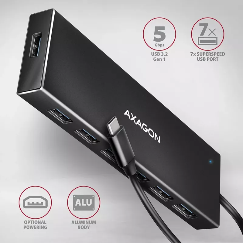Axagon HUE-F7C 7 prievadų USB 3.2 Gen 1 aliuminio plokščias šakotuvas su įkrovimu, 7x USB-A, 30 cm USB-C kabelis, išorinio maitinimo jungtis, juodos spalvos