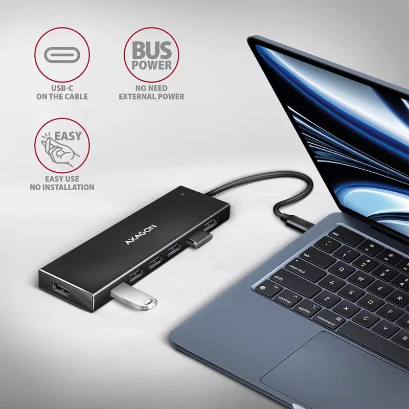 Axagon HUE-F7C 7 prievadų USB 3.2 Gen 1 aliuminio plokščias šakotuvas su įkrovimu, 7x USB-A, 30 cm USB-C kabelis, išorinio maitinimo jungtis, juodos spalvos