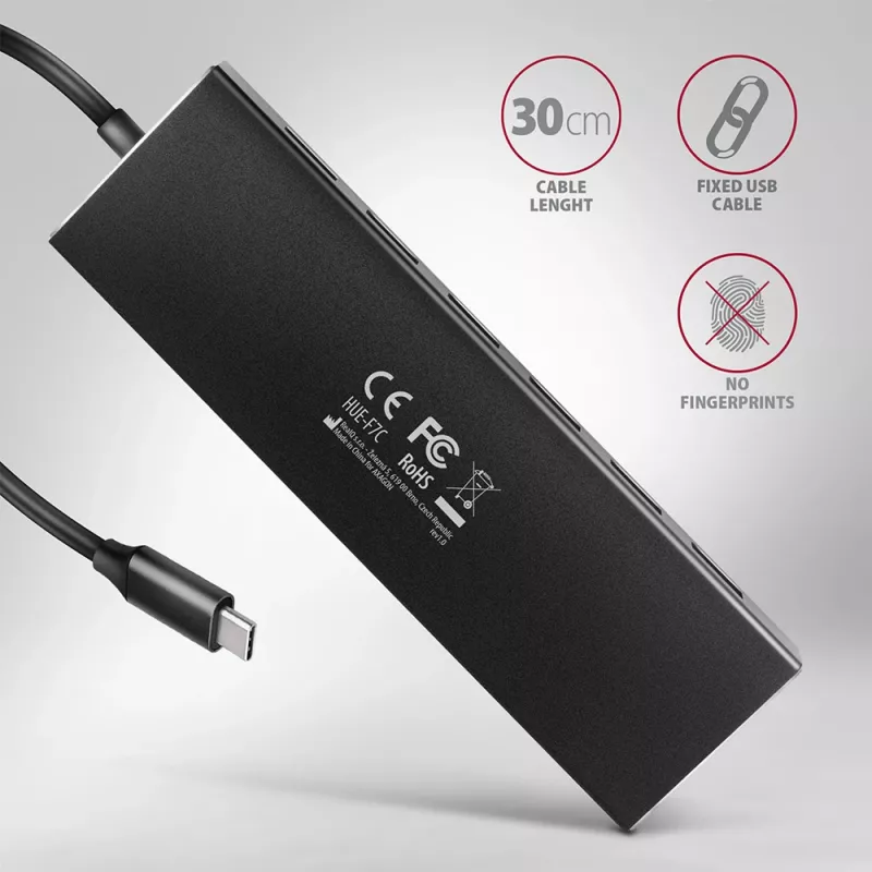 Axagon HUE-F7C 7 prievadų USB 3.2 Gen 1 aliuminio plokščias šakotuvas su įkrovimu, 7x USB-A, 30 cm USB-C kabelis, išorinio maitinimo jungtis, juodos spalvos