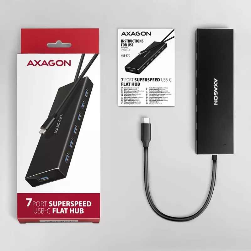 Axagon HUE-F7C 7 prievadų USB 3.2 Gen 1 aliuminio plokščias šakotuvas su įkrovimu, 7x USB-A, 30 cm USB-C kabelis, išorinio maitinimo jungtis, juodos spalvos