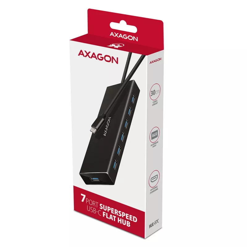 Axagon HUE-F7C 7 prievadų USB 3.2 Gen 1 aliuminio plokščias šakotuvas su įkrovimu, 7x USB-A, 30 cm USB-C kabelis, išorinio maitinimo jungtis, juodos spalvos