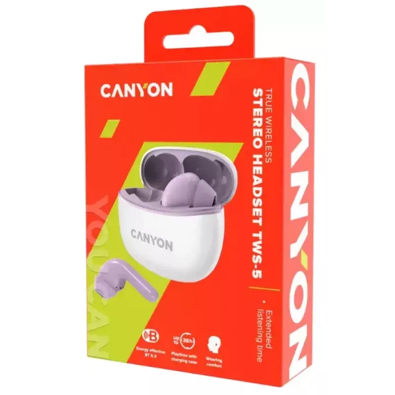 Ausinės „Canyon TWS-5“ (CNS-TWS5PU) – belaidės laisvų rankų įranga, violetinės spalvos