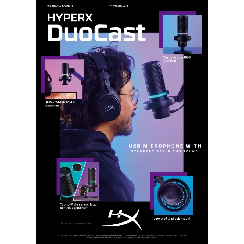 HyperX DuoCast USB mikrofonas (juodas) su RGB apšvietimu