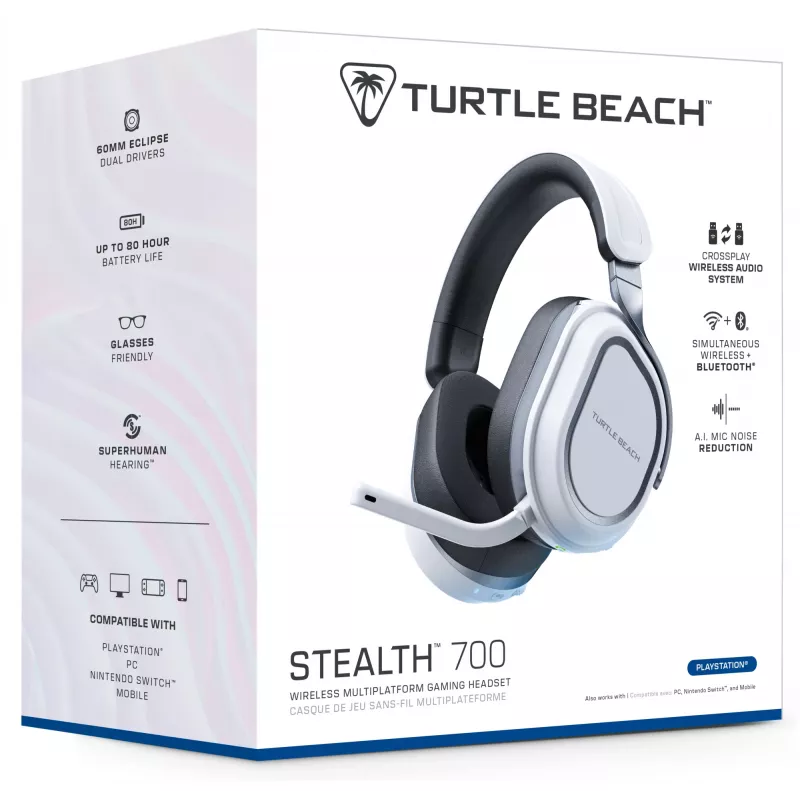 Turtle Beach Stealth 700 White belaidžiai žaidimų ausinės su Bluetooth, 80 val. baterija, 60 mm garsiakalbiais PS5, PS4, PC ir mobiliems įrenginiams