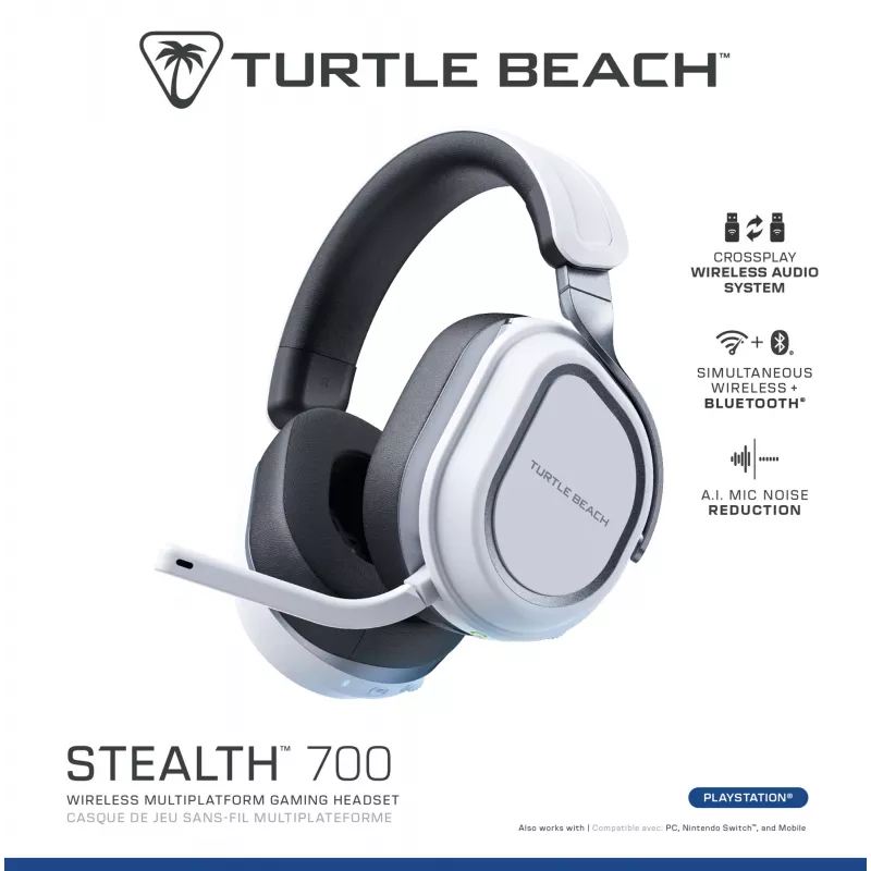 Turtle Beach Stealth 700 White belaidžiai žaidimų ausinės su Bluetooth, 80 val. baterija, 60 mm garsiakalbiais PS5, PS4, PC ir mobiliems įrenginiams