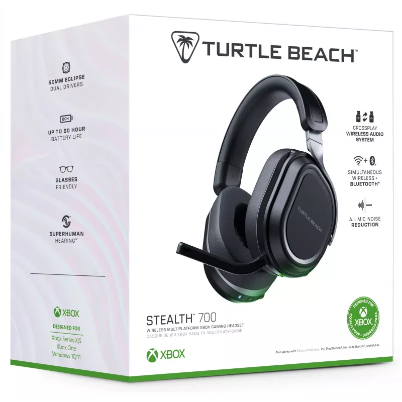 Turtle Beach Stealth 700 Black Xbox belaidžiai žaidimų ausinės su 80 h baterija, Bluetooth, dvigubais siųstuvais ir 60 mm garsiakalbiais, Xbox Series X/S, Xbox One, PC ir mobiliesiems