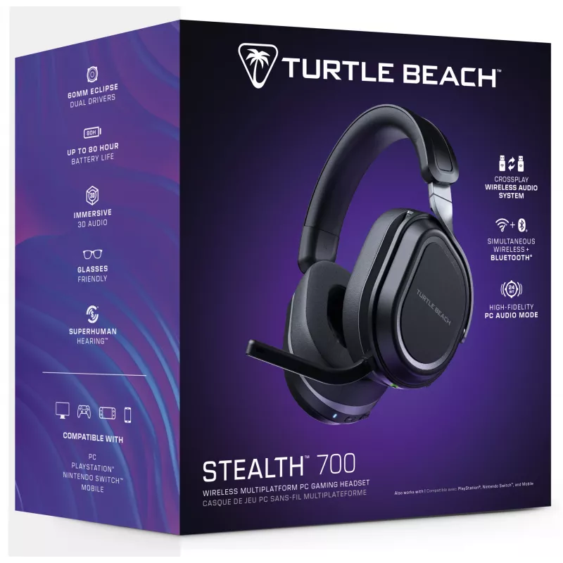 Turtle Beach Stealth 700 Black – belaidės žaidimų ausinės su 80 val. baterija, Bluetooth, dviem siųstuvais ir 60 mm garsiakalbiais, skirtos PC, PS5, PS4 ir mobiliesiems