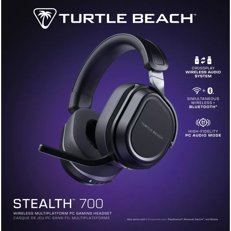 Turtle Beach Stealth 700 Black – belaidės žaidimų ausinės su 80 val. baterija, Bluetooth, dviem siųstuvais ir 60 mm garsiakalbiais, skirtos PC, PS5, PS4 ir mobiliesiems