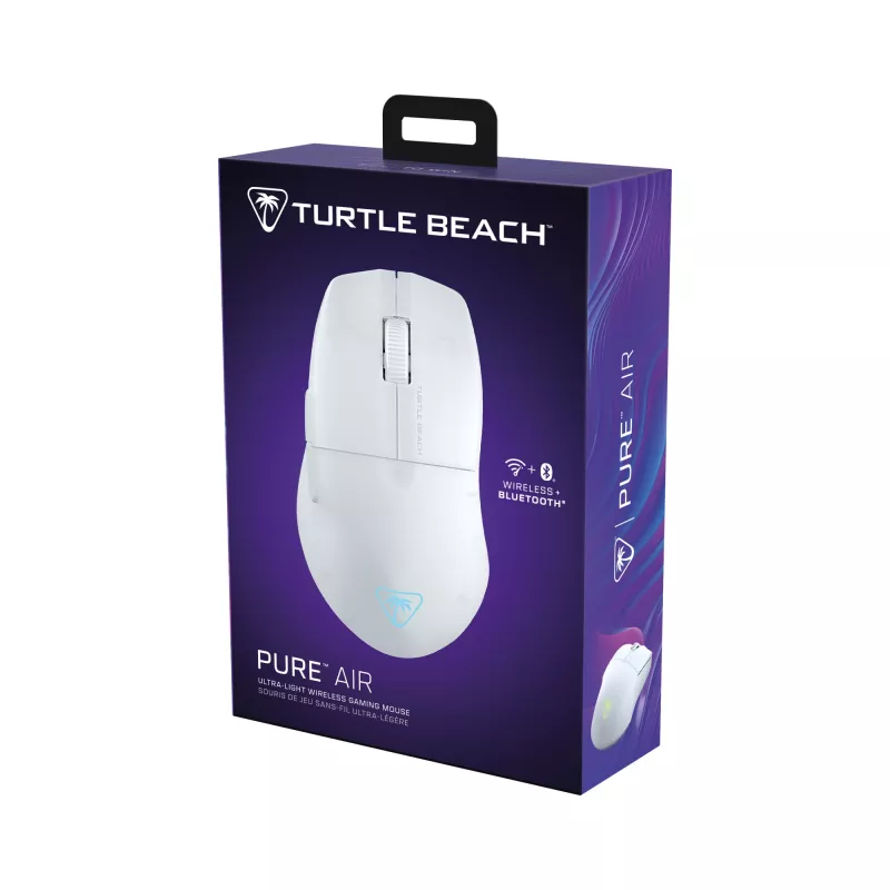 Turtle Beach Pure Air White – itin lengva belaidė ergonominė žaidimų pelė su RGB apšvietimu, 26K DPI optiniu jutikliu, 125 h baterija