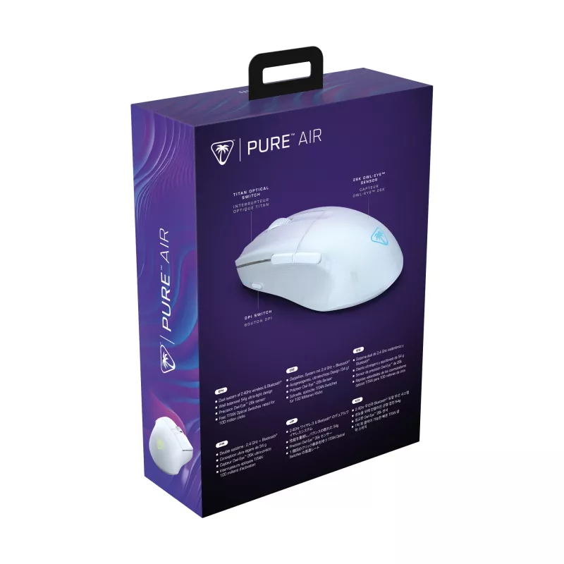 Turtle Beach Pure Air White – itin lengva belaidė ergonominė žaidimų pelė su RGB apšvietimu, 26K DPI optiniu jutikliu, 125 h baterija