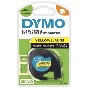 DYMO LetraTag plastikinės etiketės | 12 mm x 4 m ritinys | juodas spausdinimas ant geltonos | lipnios etiketės LetraTag žymekliams