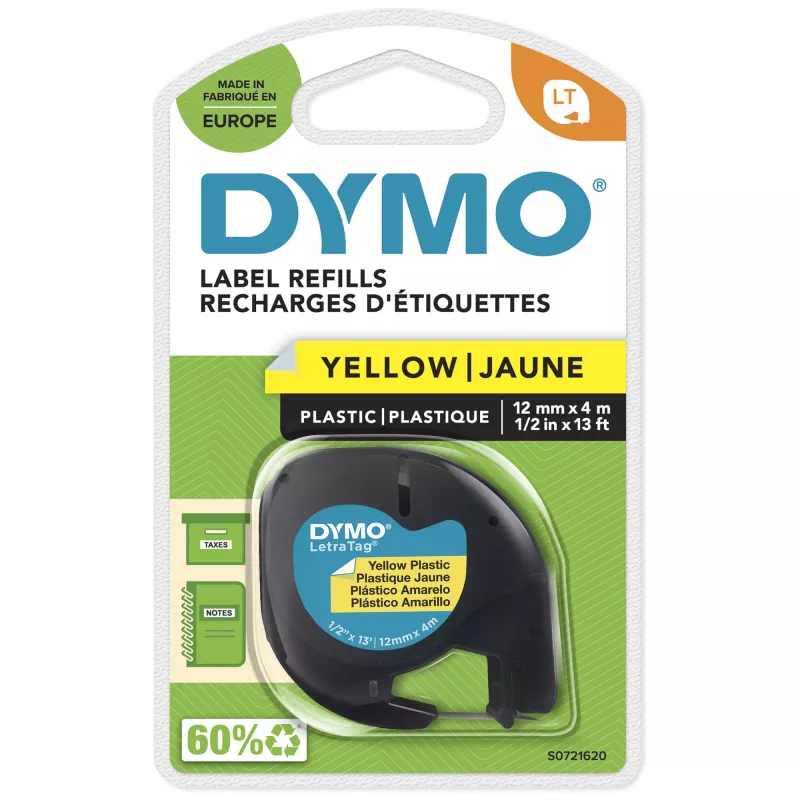 DYMO LetraTag plastikinės etiketės | 12 mm x 4 m ritinys | juodas spausdinimas ant geltonos | lipnios etiketės LetraTag žymekliams