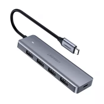 UGREEN 70336 (CM219) USB-C į 4x USB 3.0 skirstytuvas, 5 Gbps, OTG, USB-C maitinimo jungtis, 15 cm laidas, pilkas