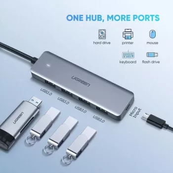UGREEN 70336 (CM219) USB-C į 4x USB 3.0 skirstytuvas, 5 Gbps, OTG, USB-C maitinimo jungtis, 15 cm laidas, pilkas