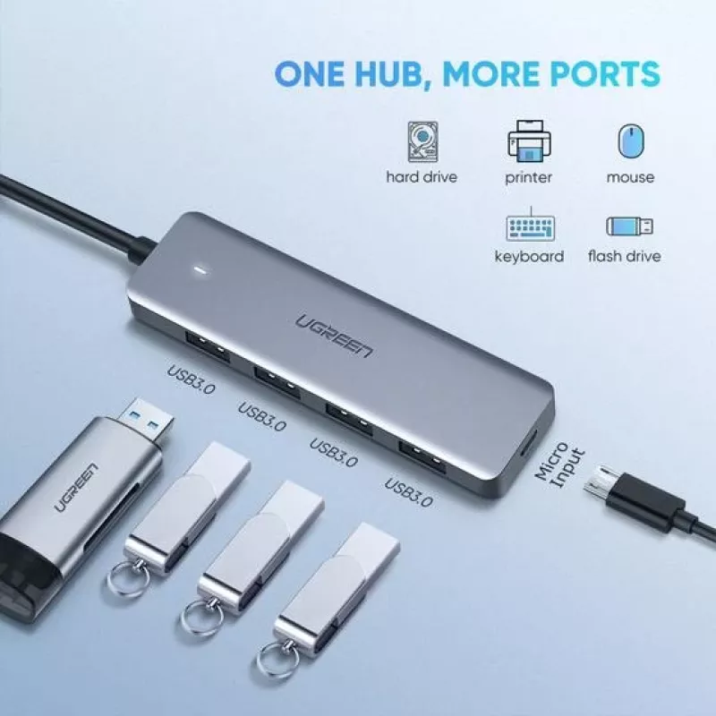 UGREEN 70336 (CM219) USB-C į 4x USB 3.0 skirstytuvas, 5 Gbps, OTG, USB-C maitinimo jungtis, 15 cm laidas, pilkas