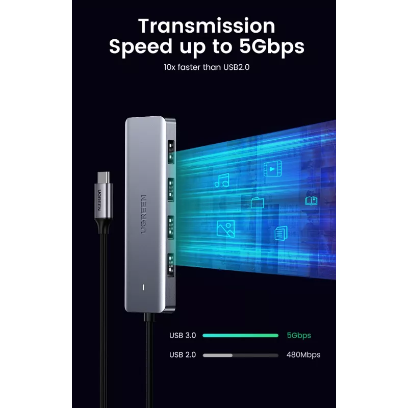 UGREEN 70336 (CM219) USB-C į 4x USB 3.0 skirstytuvas, 5 Gbps, OTG, USB-C maitinimo jungtis, 15 cm laidas, pilkas