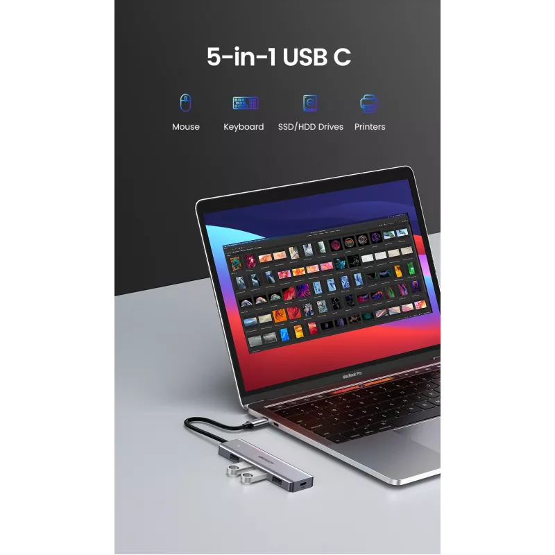 UGREEN 70336 (CM219) USB-C į 4x USB 3.0 skirstytuvas, 5 Gbps, OTG, USB-C maitinimo jungtis, 15 cm laidas, pilkas